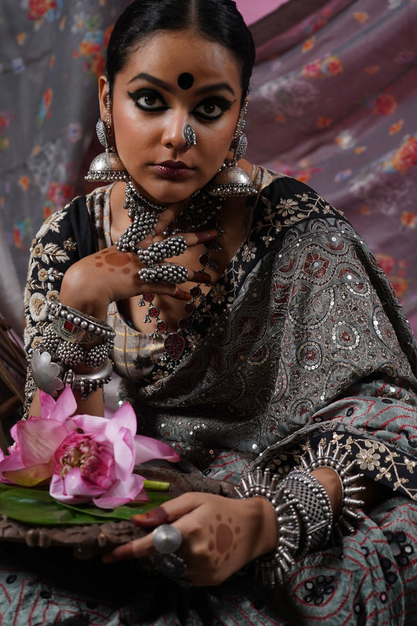 embroidered handcrafted gajji silk ajrakh bandhani saree