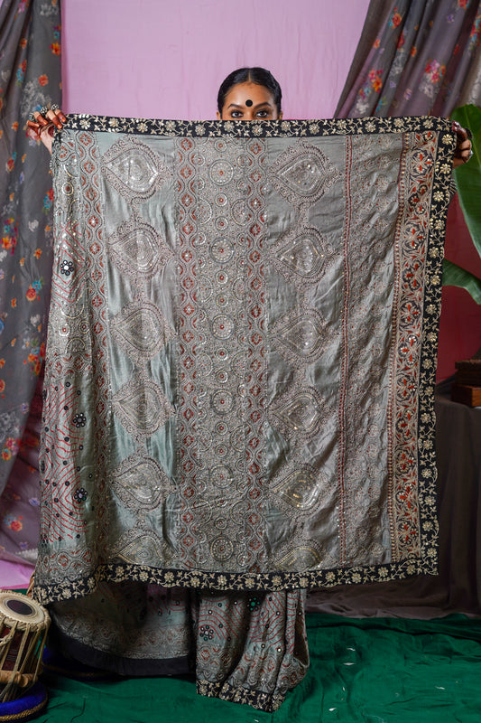 embroidered handcrafted gajji silk ajrakh bandhani saree