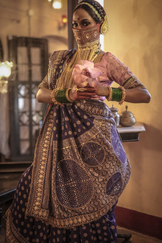 Woman in traditional handloom benarsi silk saree with intricate patterns and jewelry in a warm-toned room.
