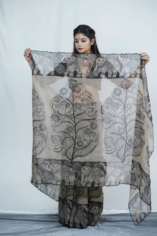 Handpainted pen kalamkari saree