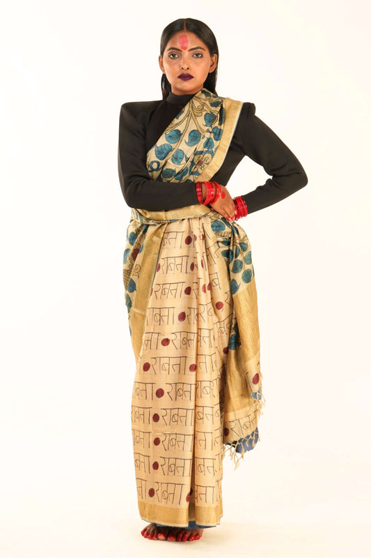 Hanpainted pen kalamkari silk saree