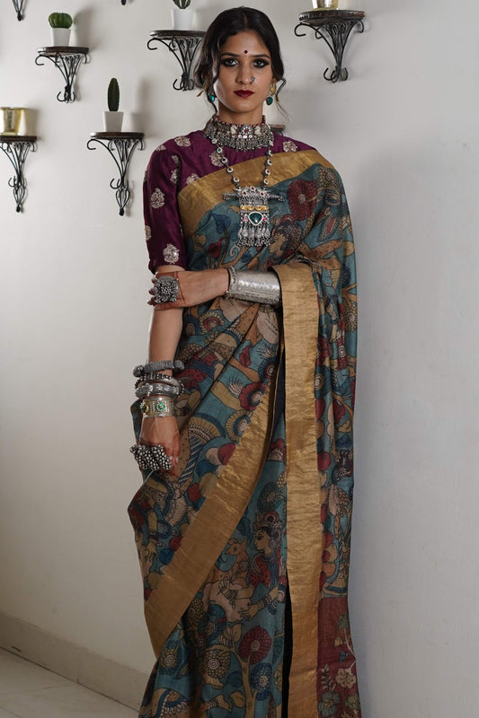 Authentic Hand painted pen kalamkari saree