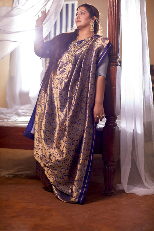 Hand woven navy blue and gold Chanderi Katan silk saree