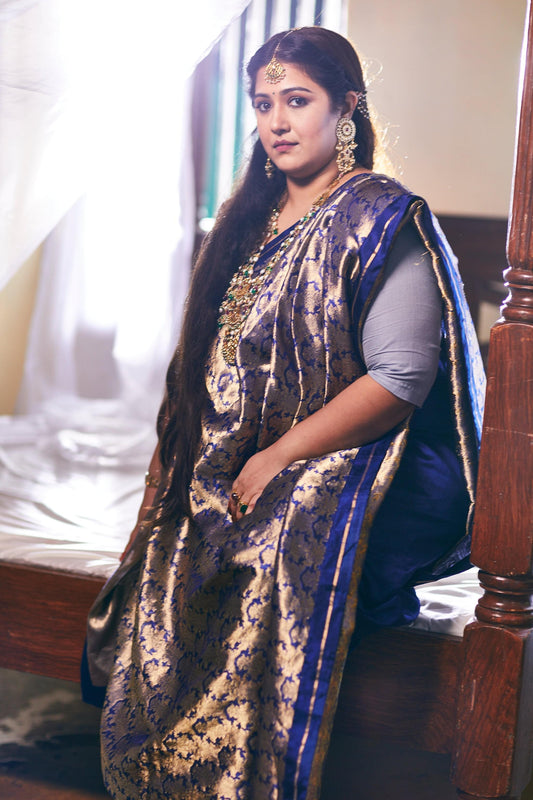 Hand woven navy blue and gold Chanderi Katan silk saree