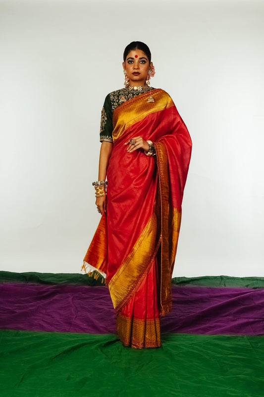 handcrafted mango yellow and red embroidered banarasi silk saree