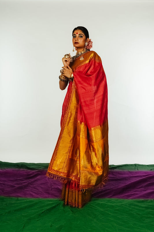 handcrafted mango yellow and red embroidered banarasi silk saree