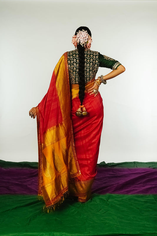handcrafted mango yellow and red embroidered banarasi silk saree