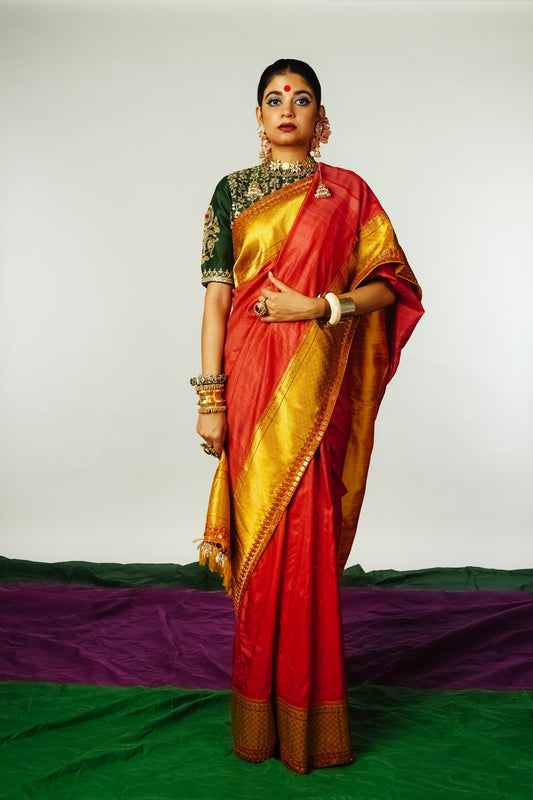  handcrafted mango yellow and red embroidered banarasi silk saree