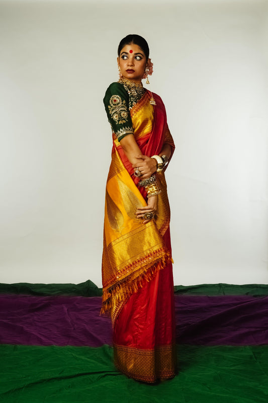 handcrafted mango yellow and red embroidered banarasi silk saree