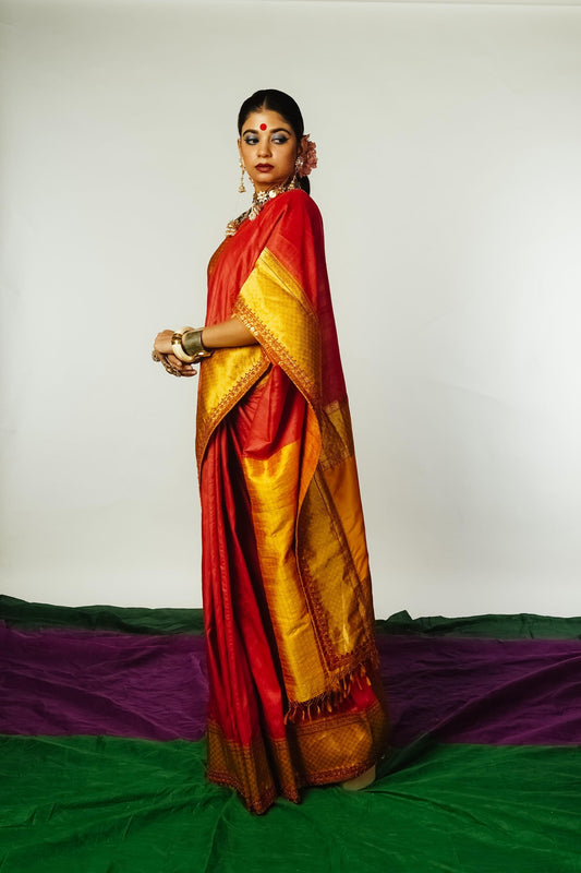 handcrafted mango yellow and red embroidered banarasi silk saree