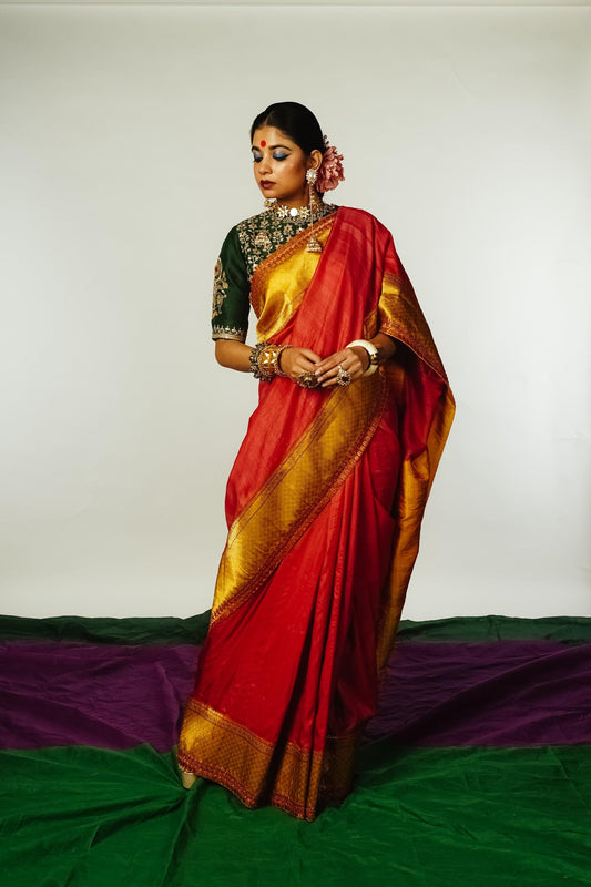 handcrafted mango yellow and red embroidered banarasi silk saree