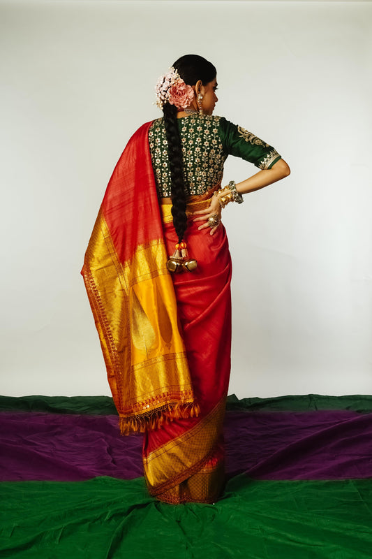 handcrafted mango yellow and red embroidered banarasi silk saree
