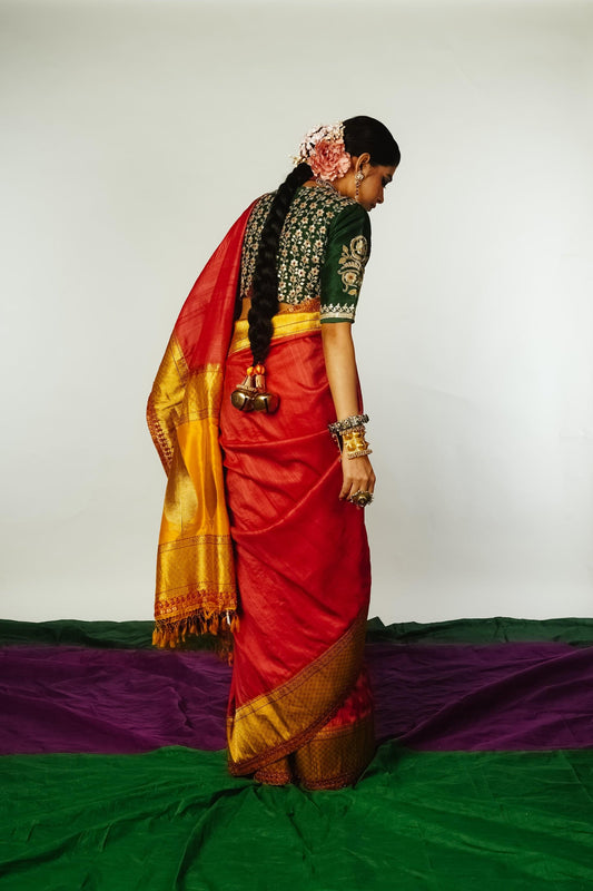 handcrafted mango yellow and red embroidered banarasi silk saree