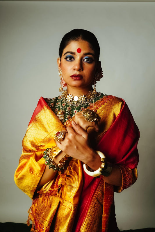 handcrafted mango yellow and red embroidered banarasi silk saree
