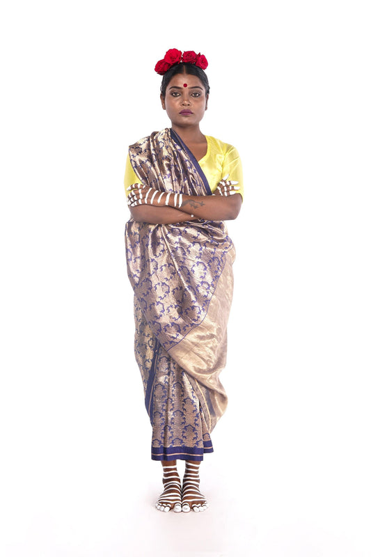 Hand woven navy blue and gold Chanderi Katan silk saree