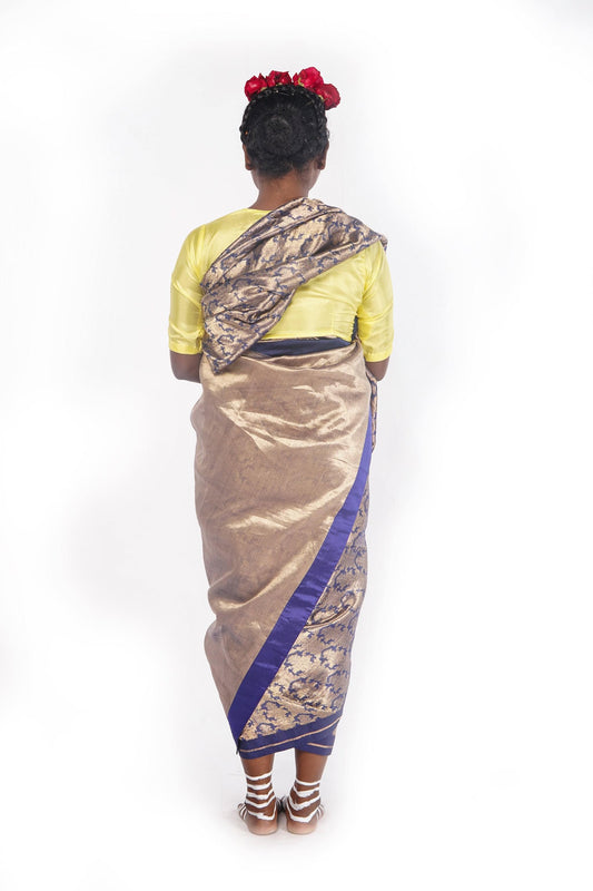 Hand woven navy blue and gold Chanderi Katan silk saree