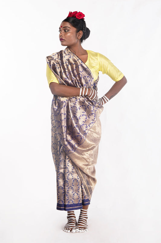 Hand woven navy blue and gold Chanderi Katan silk saree
