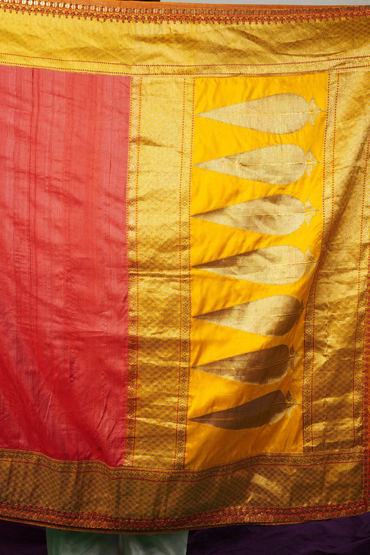 handcrafted mango yellow and red embroidered banarasi silk saree