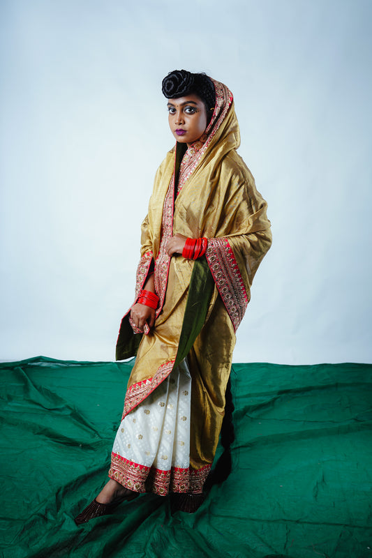 hand embroidered handwoven golden benarsi and chanderi silk saree