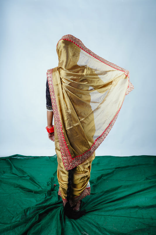 hand embroidered handwoven golden benarsi and chanderi silk saree