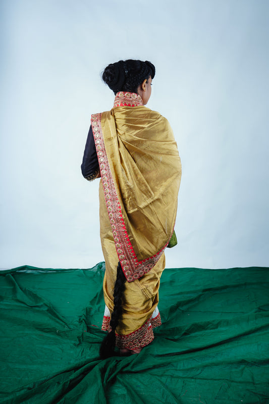 hand embroidered handwoven golden benarsi and chanderi silk saree