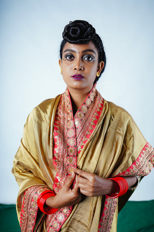 hand embroidered handwoven golden benarsi and chanderi silk saree