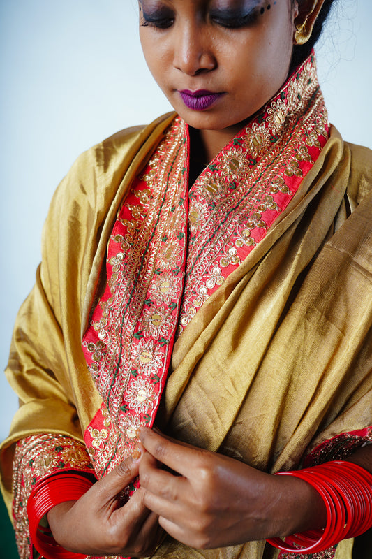 hand embroidered handwoven golden benarsi and chanderi silk saree