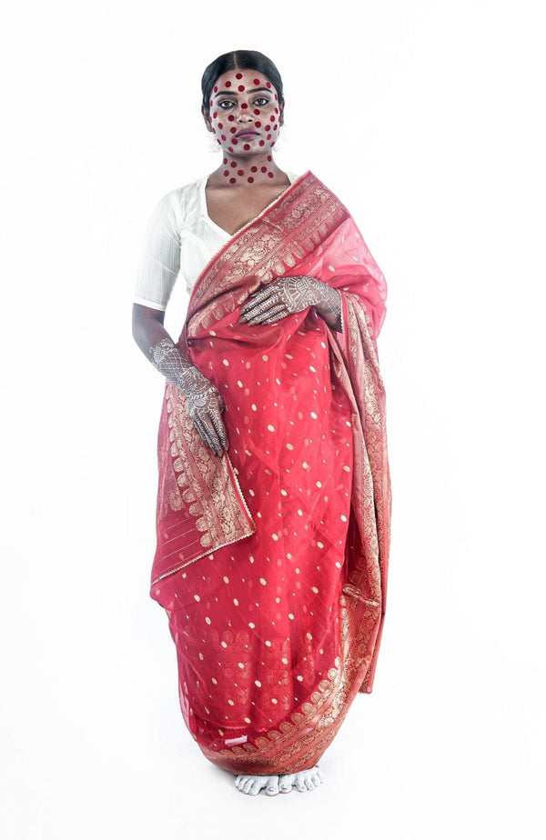 Hand woven red and gold Chanderi Katan silk saree