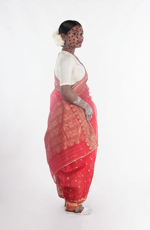 Hand woven red and gold Chanderi Katan silk saree