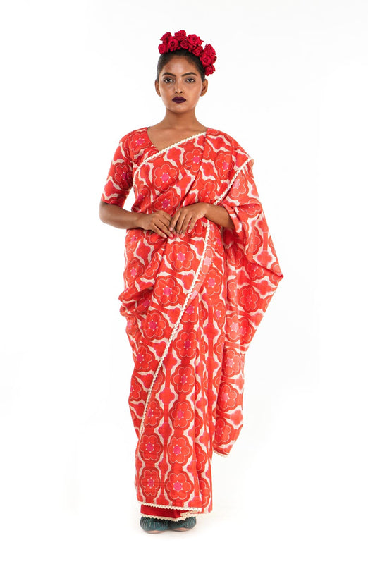 Party wear silk saree with a retro print.