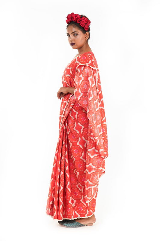 Party wear silk saree with a retro print.