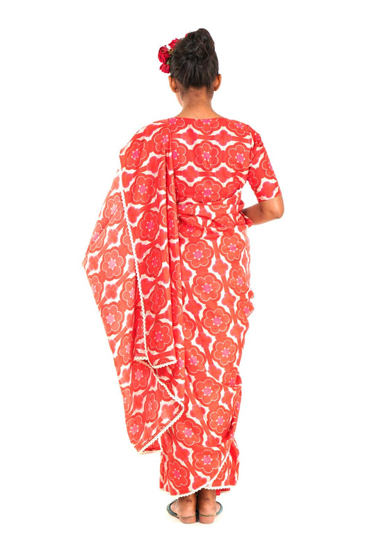 Party wear silk saree with a retro print.