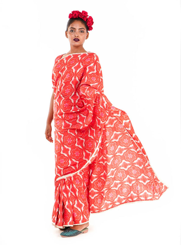Party wear silk saree with a retro print.