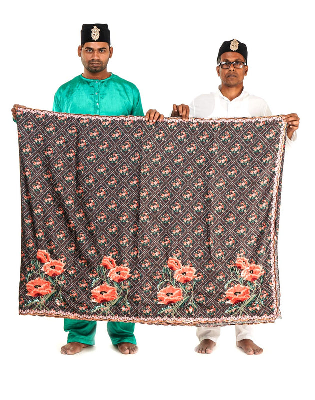 printed silk saree with a scalloped handembroidered border
