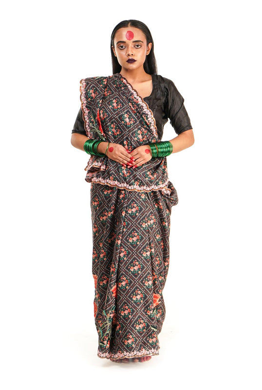 printed silk saree with a scalloped handembroidered border
