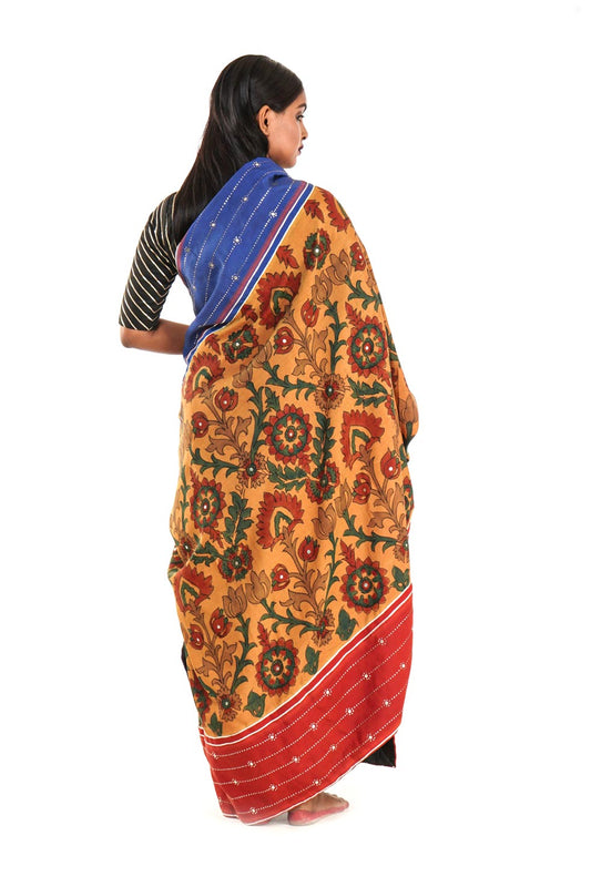 Hand painted pen Kalamkari saree on a handwoven kanjiveram silk base