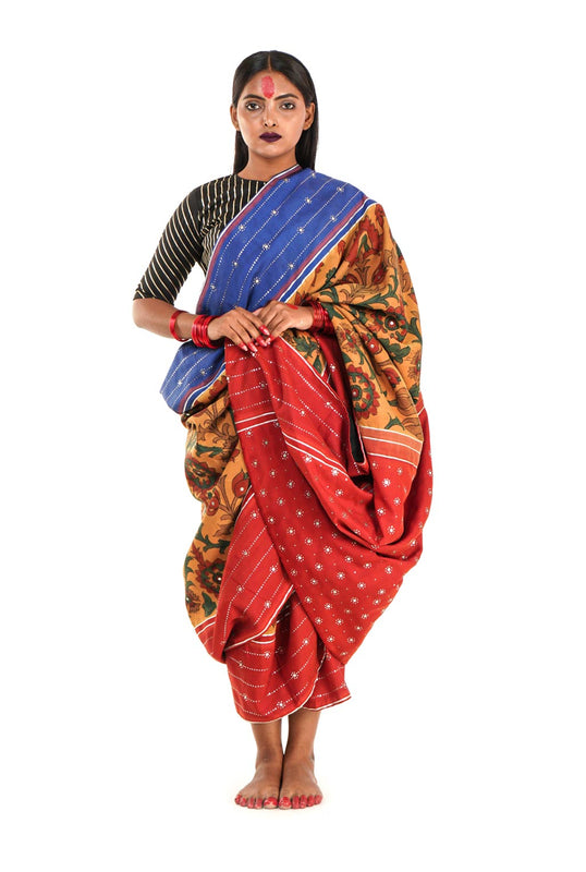 Hand painted pen Kalamkari saree on a handwoven kanjiveram silk base