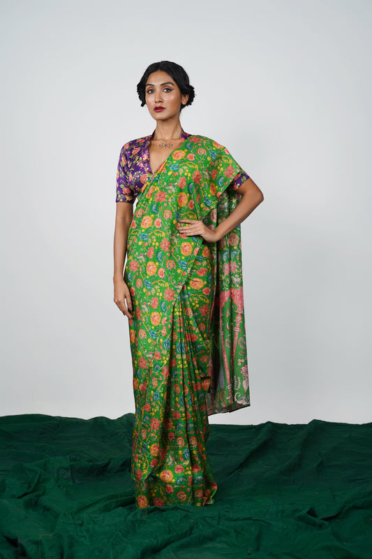 Bold printed silk saree designed by Ayush Kejriwal