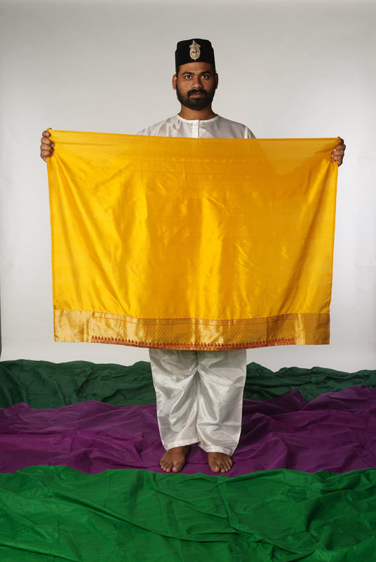 handcrafted mango yellow and red embroidered banarasi silk saree