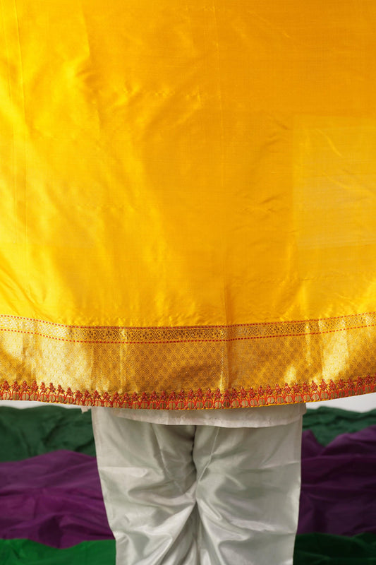 handcrafted mango yellow and red embroidered banarasi silk saree
