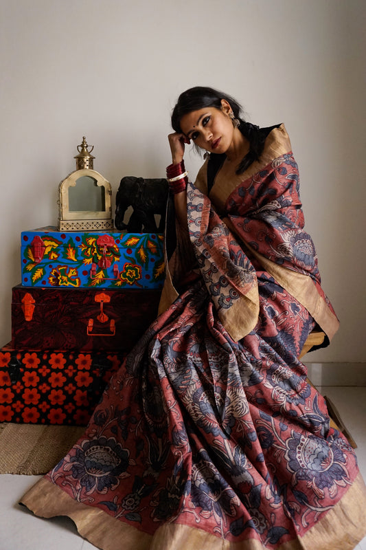 Hand Painted Pen Kalamkari Saree by Ayush Kejriwal