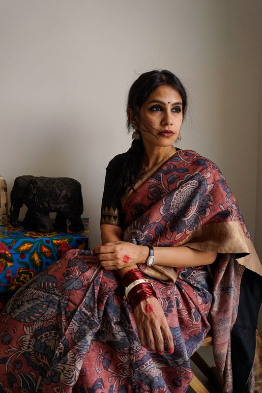 Hand Painted Pen Kalamkari Saree by Ayush Kejriwal
