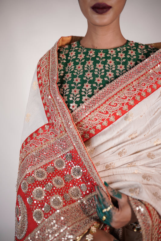 gold and red handwoven banarsi tussar silk saree