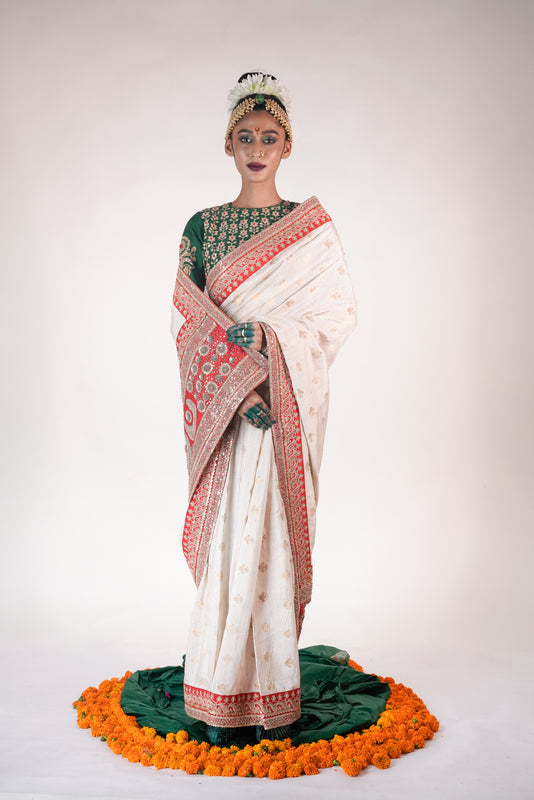 gold and red handwoven banarsi tussar silk saree