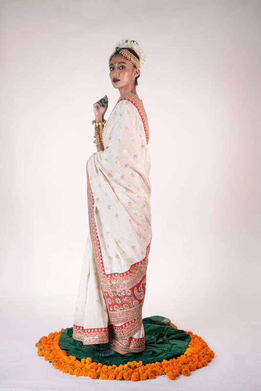gold and red handwoven banarsi tussar silk saree