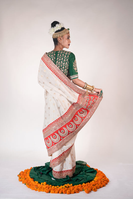 gold and red handwoven banarsi tussar silk saree