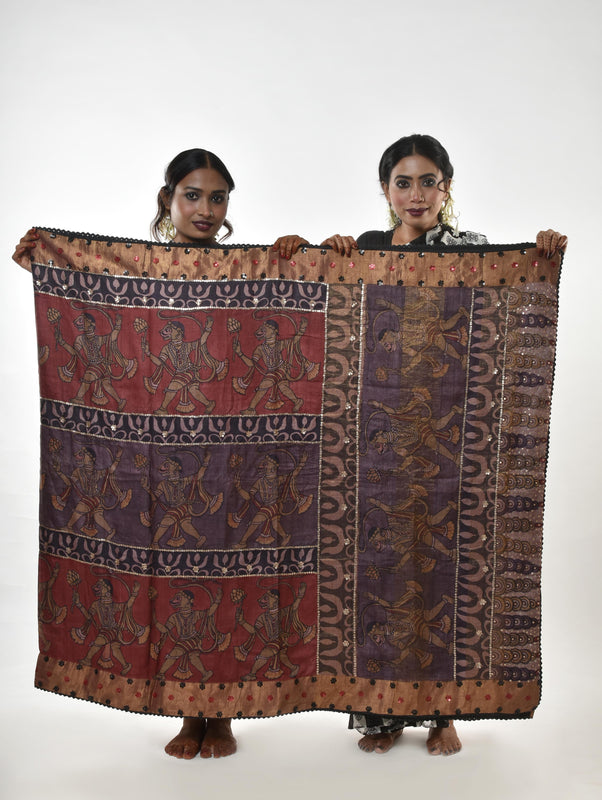 Hand-painted and hand-embroidered pen kalamkari saree