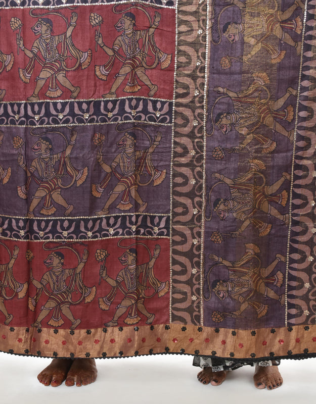 Hand-painted and hand-embroidered pen kalamkari saree