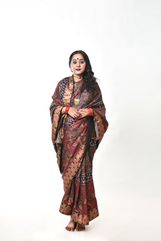 Hand-painted and hand-embroidered pen kalamkari saree
