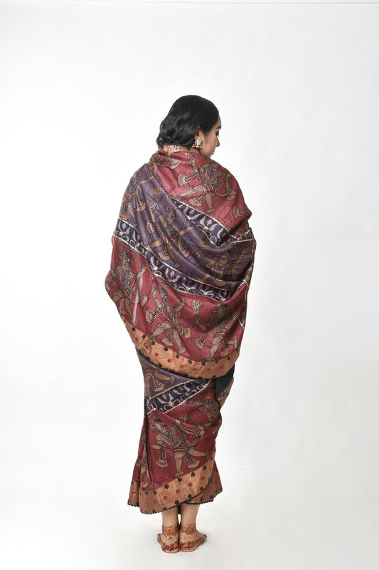 Hand-painted and hand-embroidered pen kalamkari saree